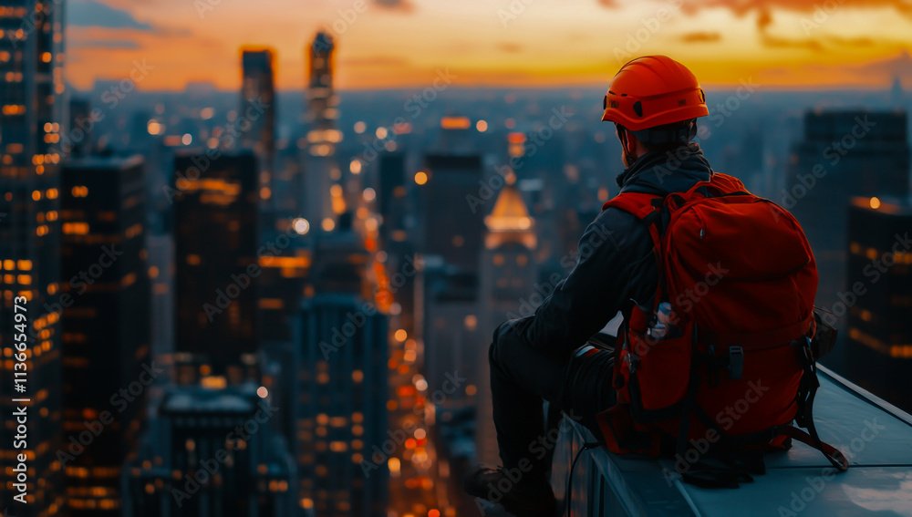A worker wearing an orange helmet and carrying a red backpack sits on the edge of a skyscraper looking out at the city lights burning during a vibrant sunset. A worker wearing an orange helmet and carrying a red backpack sits on the edge of a skyscraper looking out at the city lights burning during a vibrant sunset.