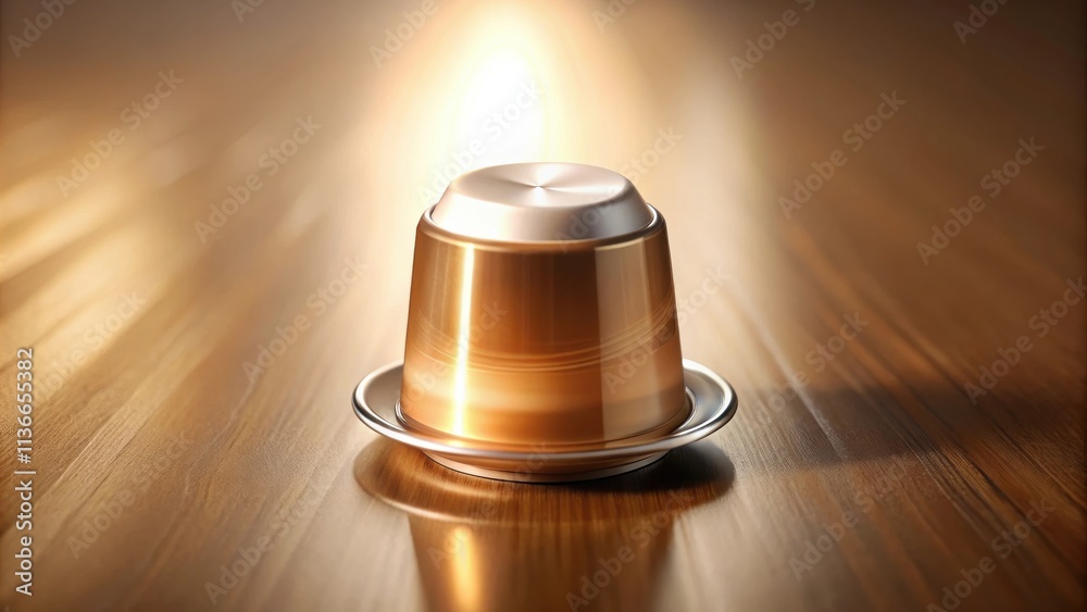 A Single Golden Capsule Rests on a Wooden Surface, Bathed in a Soft, Warm Light A Single Golden Capsule Rests on a Wooden Surface, Bathed in a Soft, Warm Light