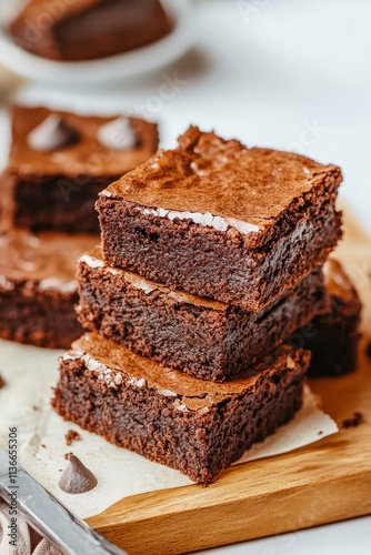 Delicious homemade brownies stacked on a wooden board, showcasing a rich chocolate texture and topped with chocolate chips, perfect for dessert lovers and baking enthusiasts.