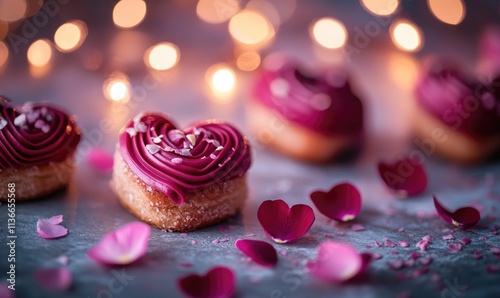 A heart shaped pastry with pink frosting sits on a table with pink petals scatte photo