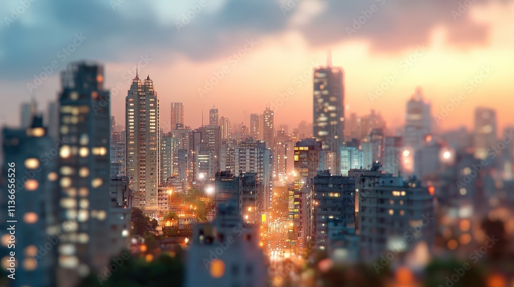 Urban Sunset Over City Skyline, Blurred Lights and Tall Buildings Create a Dreamy Atmosphere, Capturing the Essence of Modern City Life at Dusk Urban Sunset Over City Skyline, Blurred Lights and Tall Buildings Create a Dreamy Atmosphere, Capturing the Essence of Modern City Life at Dusk