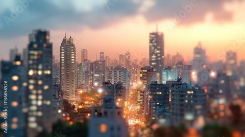 Urban Sunset Over City Skyline, Blurred Lights and Tall Buildings Create a Dreamy Atmosphere, Capturing the Essence of Modern City Life at Dusk