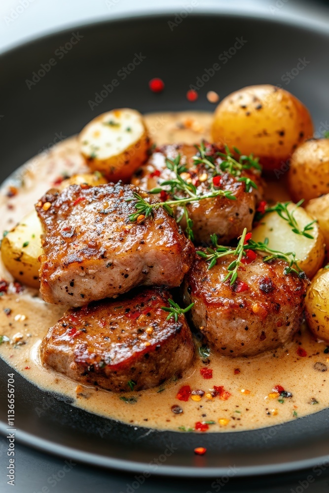 Deliciously Seared Pork Chops Served on a Black Plate with Tender New Potatoes and Creamy Sauce, Garnished with Fresh Herbs and Spices for a Flavorful Appeal
