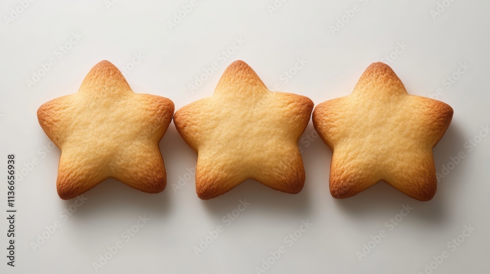 Three golden brown star-shaped cookies are displayed on a white surface, creating an inviting and festive appearance, ideal for food blogs, baking recipes, or holiday-themed projects, Three golden brown star-shaped cookies are displayed on a white surface, creating an inviting and festive appearance, ideal for food blogs, baking recipes, or holiday-themed projects,