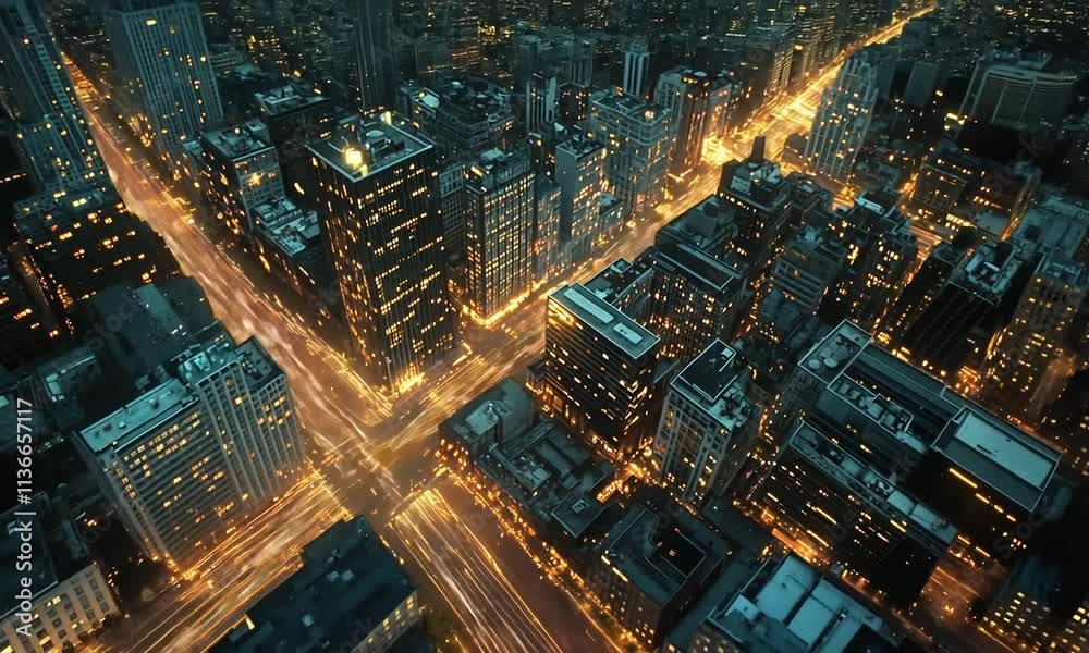 Aerial view of a bustling city intersection illuminated by vibrant lights at night. Aerial view of a bustling city intersection illuminated by vibrant lights at night.