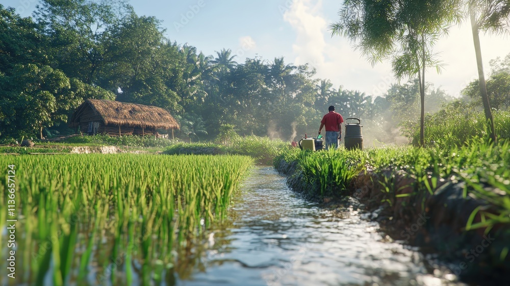 Fototapeta premium Serene Rural Landscape with Lush Green Rice Fields, Traditional Hut, and Farmer Walking Along Water Canal in Bright Morning Light