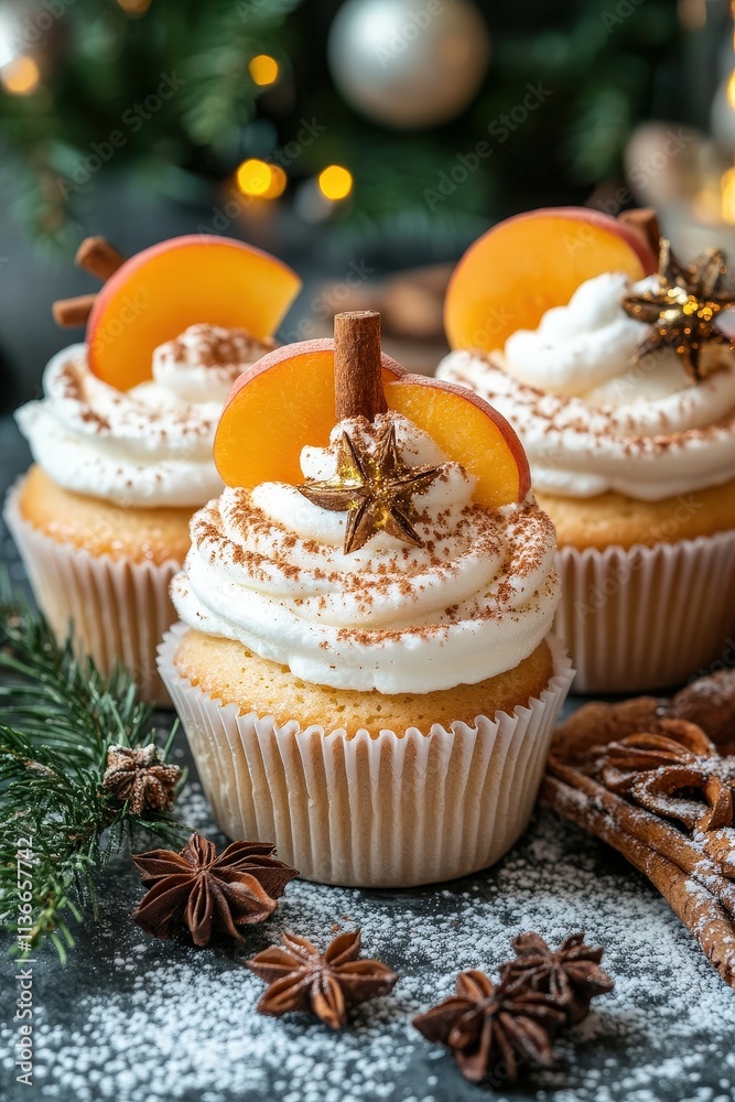 Delicious and Festive Cupcakes Topped with Fresh Slices of Peach, Cinnamon Sticks, and Star Anise on a Beautiful Holiday Background Delicious and Festive Cupcakes Topped with Fresh Slices of Peach, Cinnamon Sticks, and Star Anise on a Beautiful Holiday Background