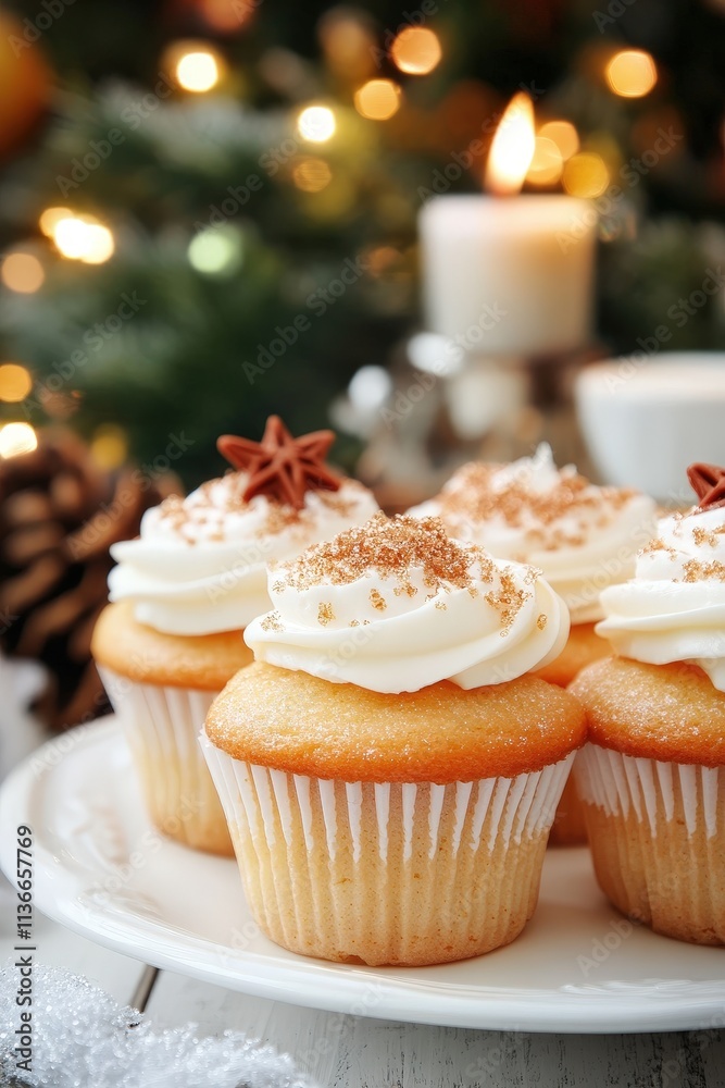 Deliciously Frosted Cupcakes with Creamy Icing and Decorative Sprinkles in a Cozy Setting with a Blurry Background of Lights and Candles Deliciously Frosted Cupcakes with Creamy Icing and Decorative Sprinkles in a Cozy Setting with a Blurry Background of Lights and Candles