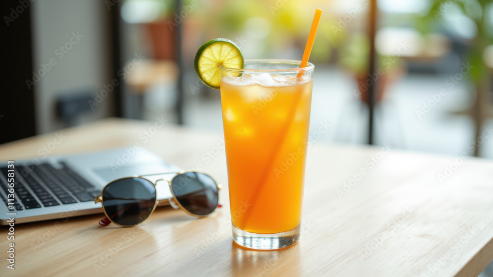 Refreshing summer beverage with a slice of lemon and straw on a wooden table, suggesting relaxed workdays or Refreshing summer beverage with a slice of lemon and straw on a wooden table, suggesting relaxed workdays or