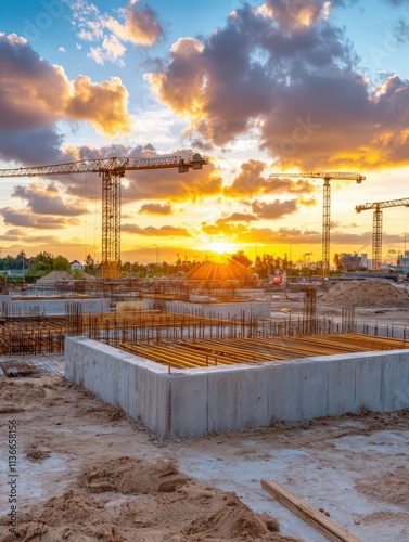 Construction Site During Sunset with Cranes and Cloudy Sky Showcasing Concrete Foundations and Building Materials in a Developing Urban Area