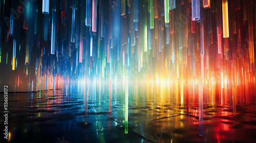 A person walks through beams of light