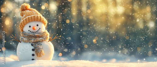 Winterurlaub Weihnachten Hintergrund Banner - Nahaufnahme von niedlichen lustig lachenden Schneemann mit Wollmütze und Schal, auf verschneiten Schnee Schneelandschaft mit Bokeh Lichter, von der Sonne 