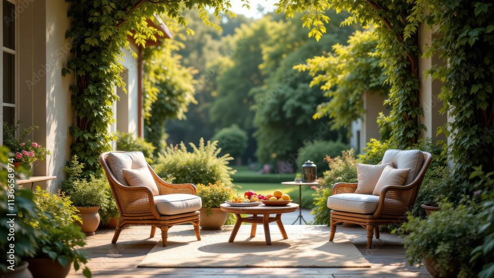 Obraz premium A serene garden patio setting with a wooden table and chairs, surrounded by lush greenery, inviting for relaxing summer afternoons.