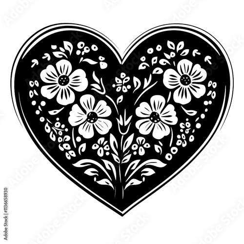 Beautiful heart shape featuring intricate floral designs. Perfect for romantic occasions, invitations, and artistic projects. A timeless and elegant decoration for various themes.