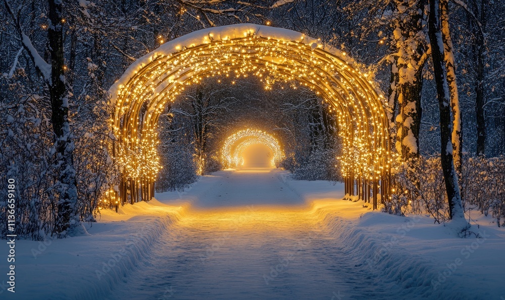 Obraz premium A walkway with lights is lit up in the snow