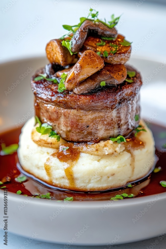 Gourmet Filet Mignon with Creamy Mashed Potatoes and Sautéed Mushrooms Drizzled with Savory Sauce for Upscale Dining Experience Gourmet Filet Mignon with Creamy Mashed Potatoes and Sautéed Mushrooms Drizzled with Savory Sauce for Upscale Dining Experience