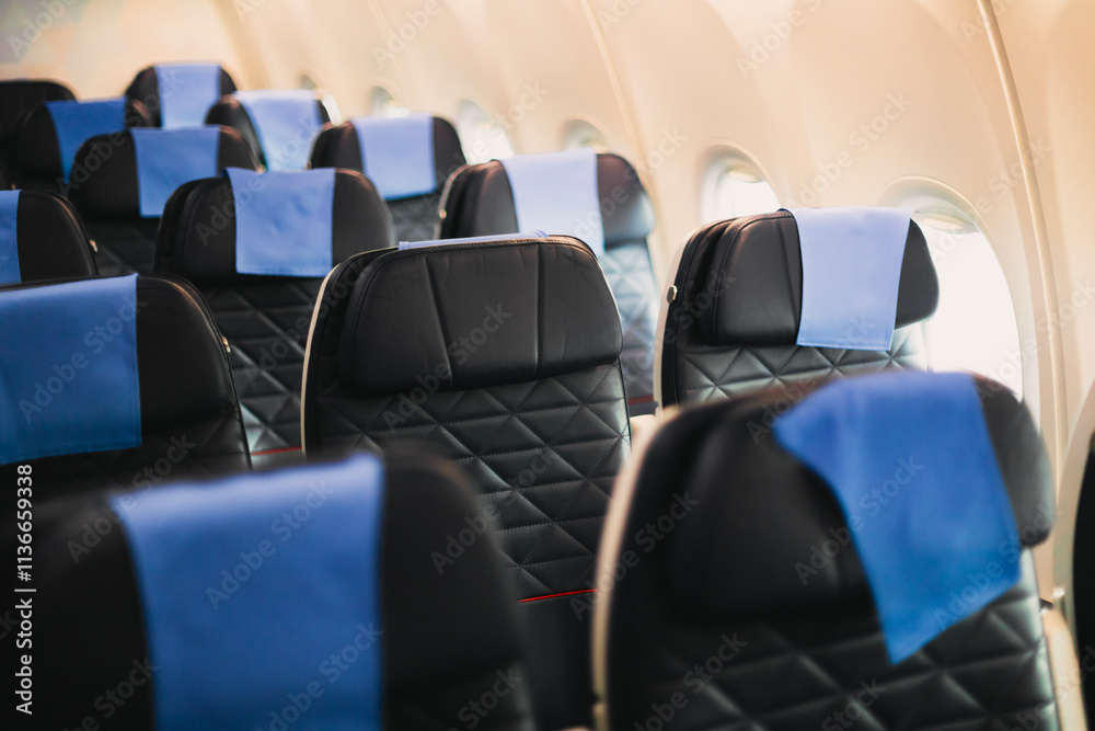 Obraz premium Airplane seat headers, airplane equipment, airplane travel, going on vacation