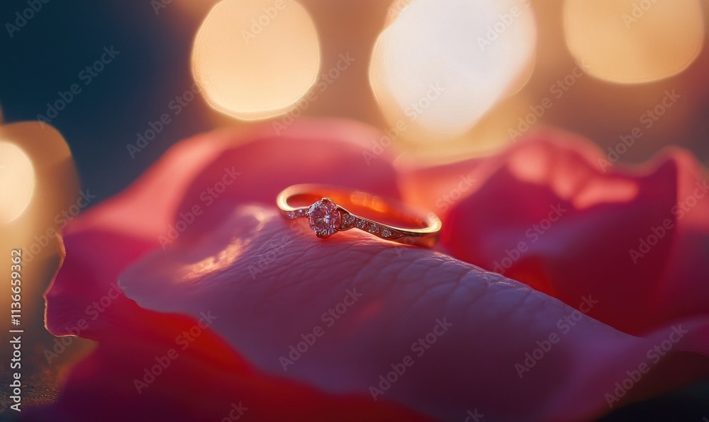 Obraz premium A gold ring with a diamond on it is on a pink flower petal