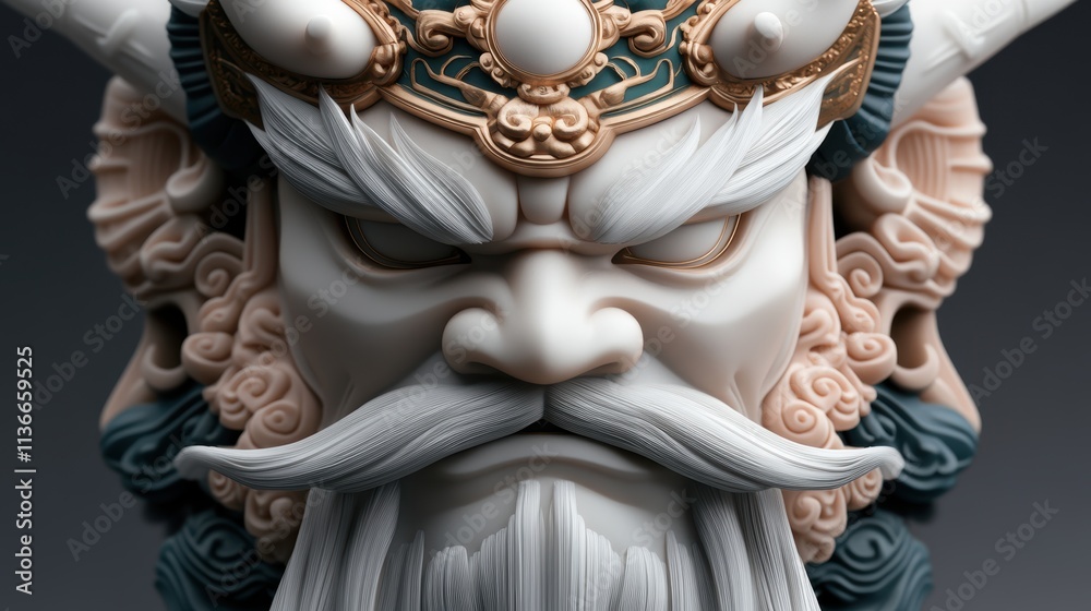 Fototapeta premium A detailed sculpture of a fierce guardian figure with intricate designs and vibrant colors, Suitable for illustrating themes of protection, culture, or mythology in creative projects or articles,