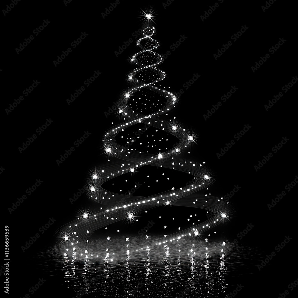 Elegant Spiral Christmas Tree Made of Glowing White Lights on a Reflective Black Background Elegant Spiral Christmas Tree Made of Glowing White Lights on a Reflective Black Background