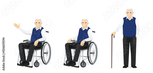 Handsome senior man sitting in wheelchair showing something and standing with walking walking stick. Isolated vector illustration set