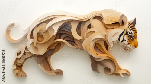 A striking artwork of an abstract tiger made from layered wood textures in warm hues, This unique design can enhance interior decor or be used in eco-friendly product promotions, photo