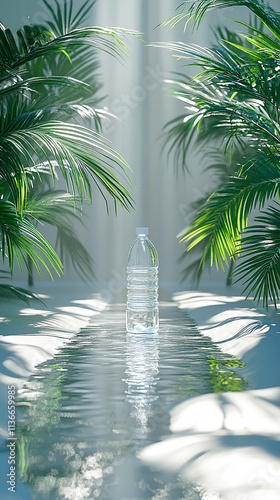 Crystal Clear Water Bottle Surrounded by Tropical Plants and Sunlit Reflections