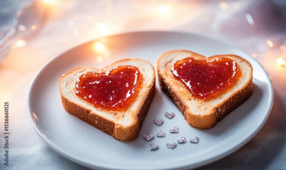 Two slices of bread with jelly in the middle and hearts on top Two slices of bread with jelly in the middle and hearts on top
