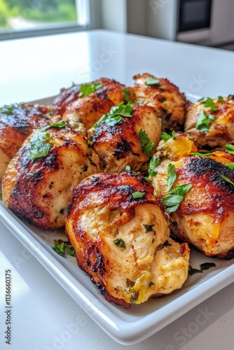 Deliciously Baked Chicken Thighs Stuffed with Herbs and Spices on a White Plate in Bright Natural Light for Culinary Photography