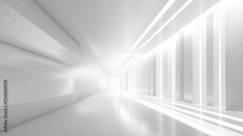 A sleek, minimalist corridor illuminated by bright light, creating a futuristic and clean atmosphere.