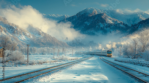 Snow-Covered Railway Tracks Leading to a Scenic Mountain Landscape in Winter