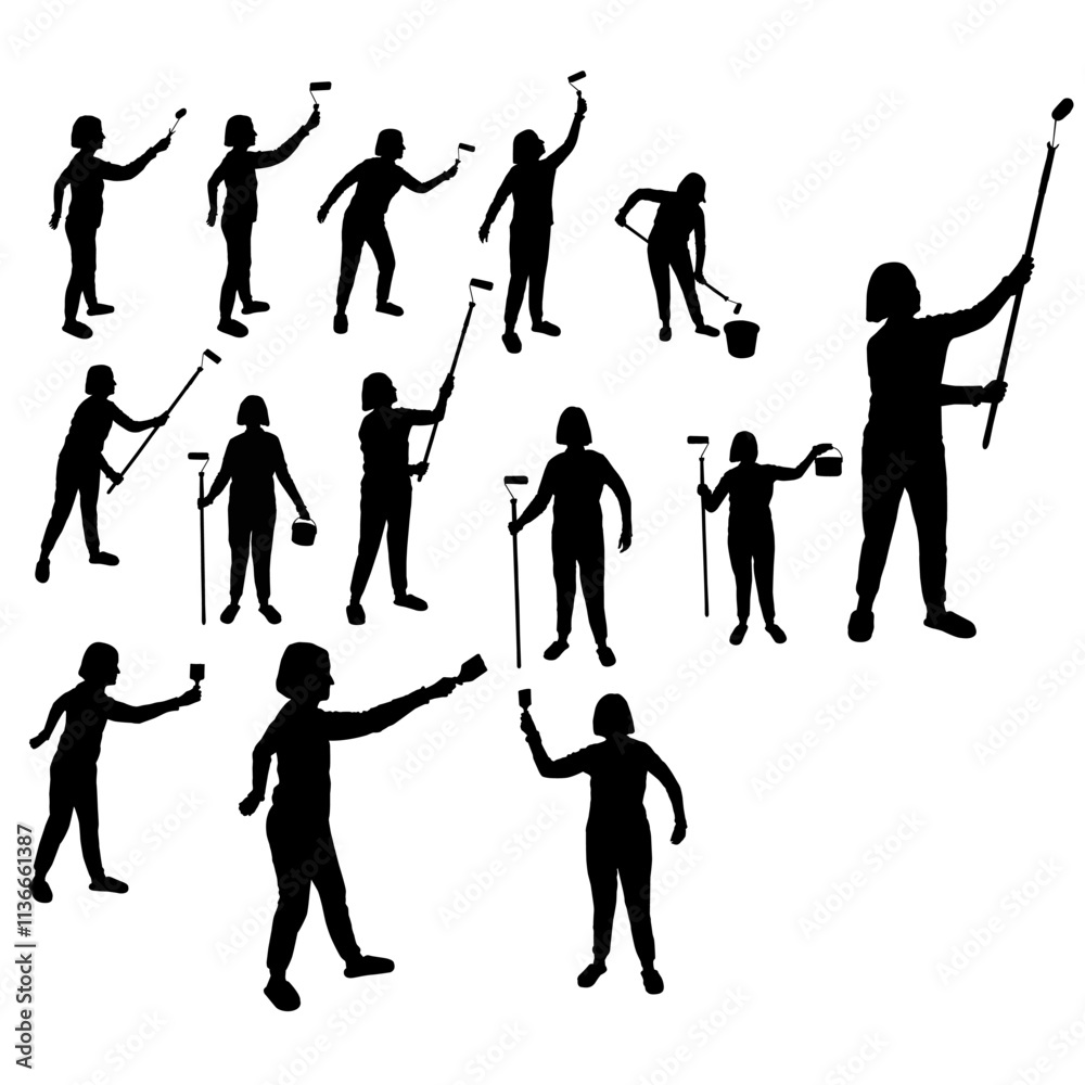 Naklejka premium Female wall painter vector silhouettes