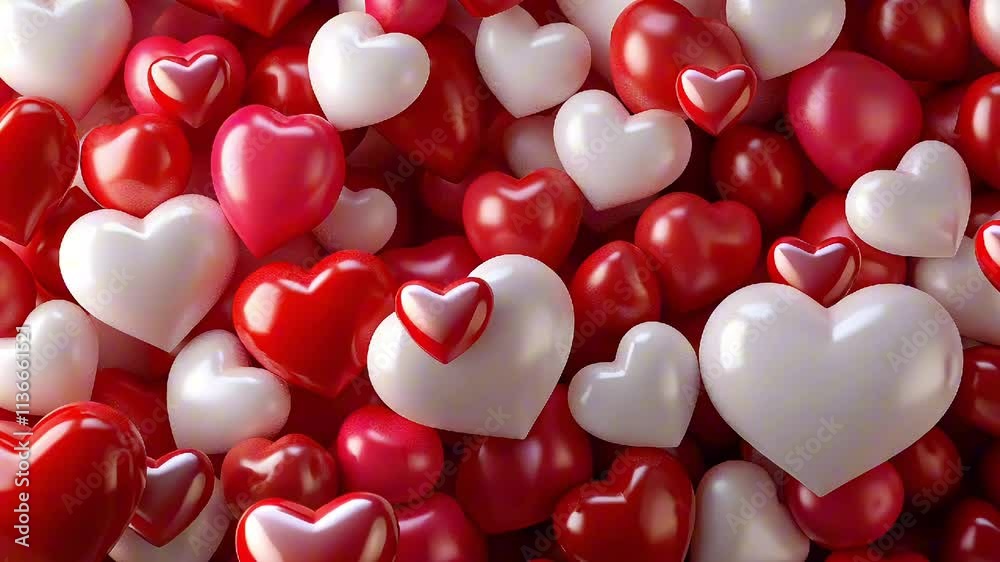 Heart decorations in vibrant red, white, and pink fill the screen, symbolizing love and affection. This festive display captures the essence of Saint Valentine celebrations during February