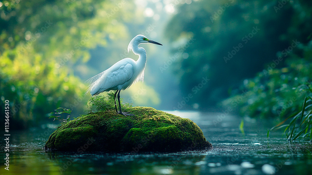 Obraz premium White Egret Standing on a Moss-Covered Rock in a Tranquil Forest Stream
