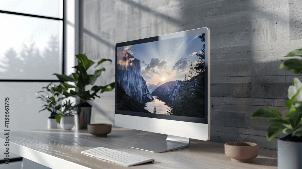 Fototapeta premium Modern Workspace with Computer and Scenic Landscape Display