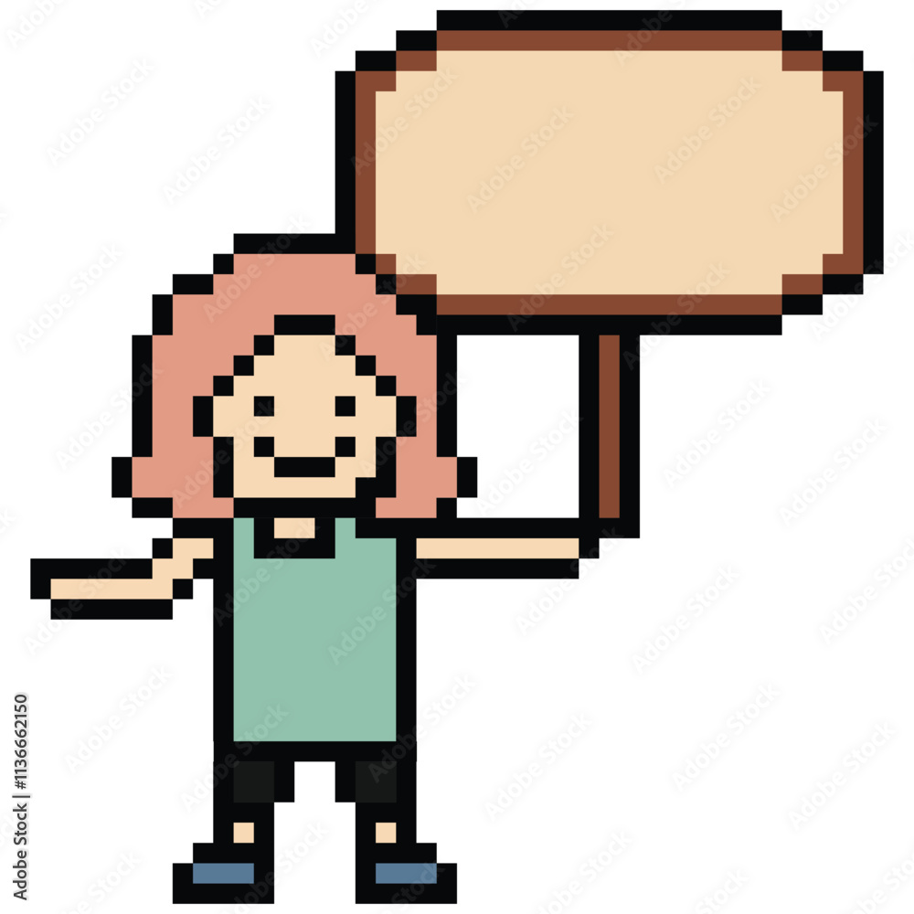 Cute pixel cartoon character woman hold wooden sign wood board decoration 8 bit female lady with blank space sign wooden pixel game png vector. Cute pixel cartoon character woman hold wooden sign wood board decoration 8 bit female lady with blank space sign wooden pixel game png vector.
