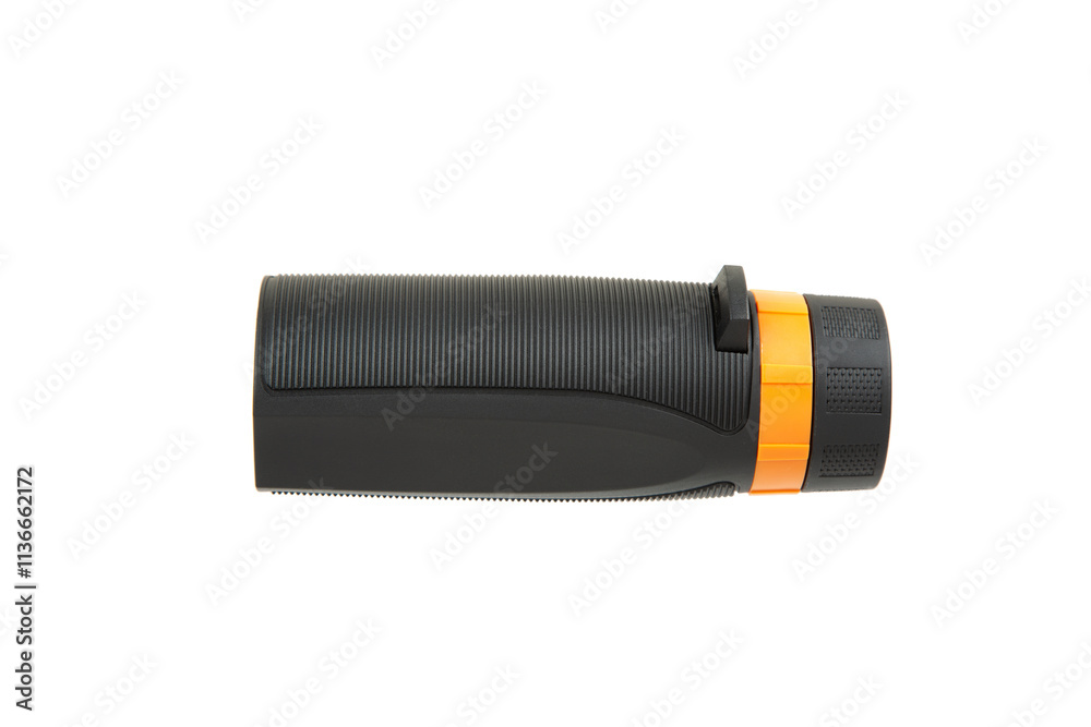 A black and orange monocular telescope with a textured grip, isolated on a white background. A black and orange monocular telescope with a textured grip, isolated on a white background.