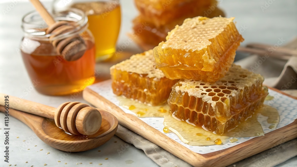 Honeycomb with honey spoon isolated on white background, bee products by organic natural ingredients concept, generative ai Honeycomb with honey spoon isolated on white background, bee products by organic natural ingredients concept, generative ai