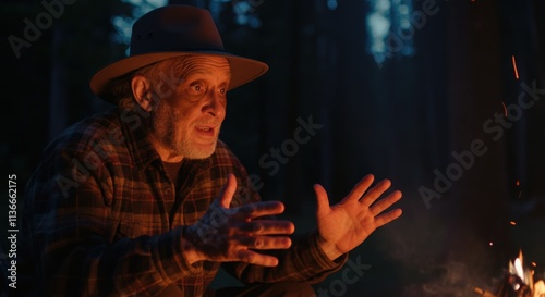 Elderly caucasian male sharing stories by campfire in forest at dusk