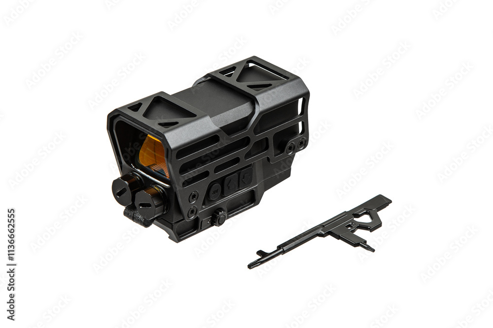 A tactical holographic sight with a rugged, black metal frame, featuring adjustment knobs and buttons. A tactical holographic sight with a rugged, black metal frame, featuring adjustment knobs and buttons.