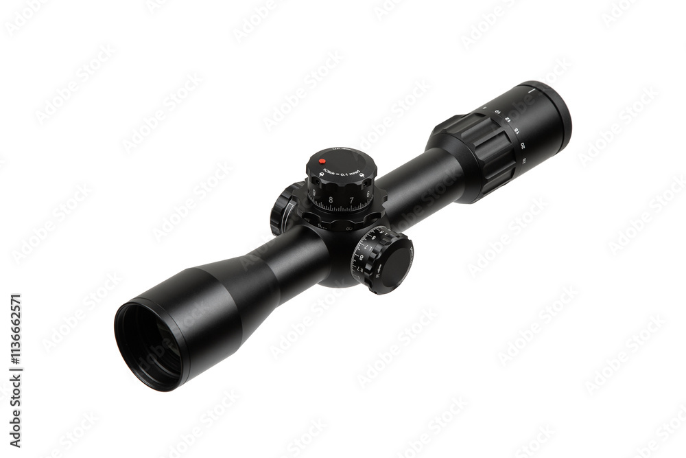 A black rifle scope with adjustment knobs, a sleek design, and clear markings, isolated on a white background. A black rifle scope with adjustment knobs, a sleek design, and clear markings, isolated on a white background.