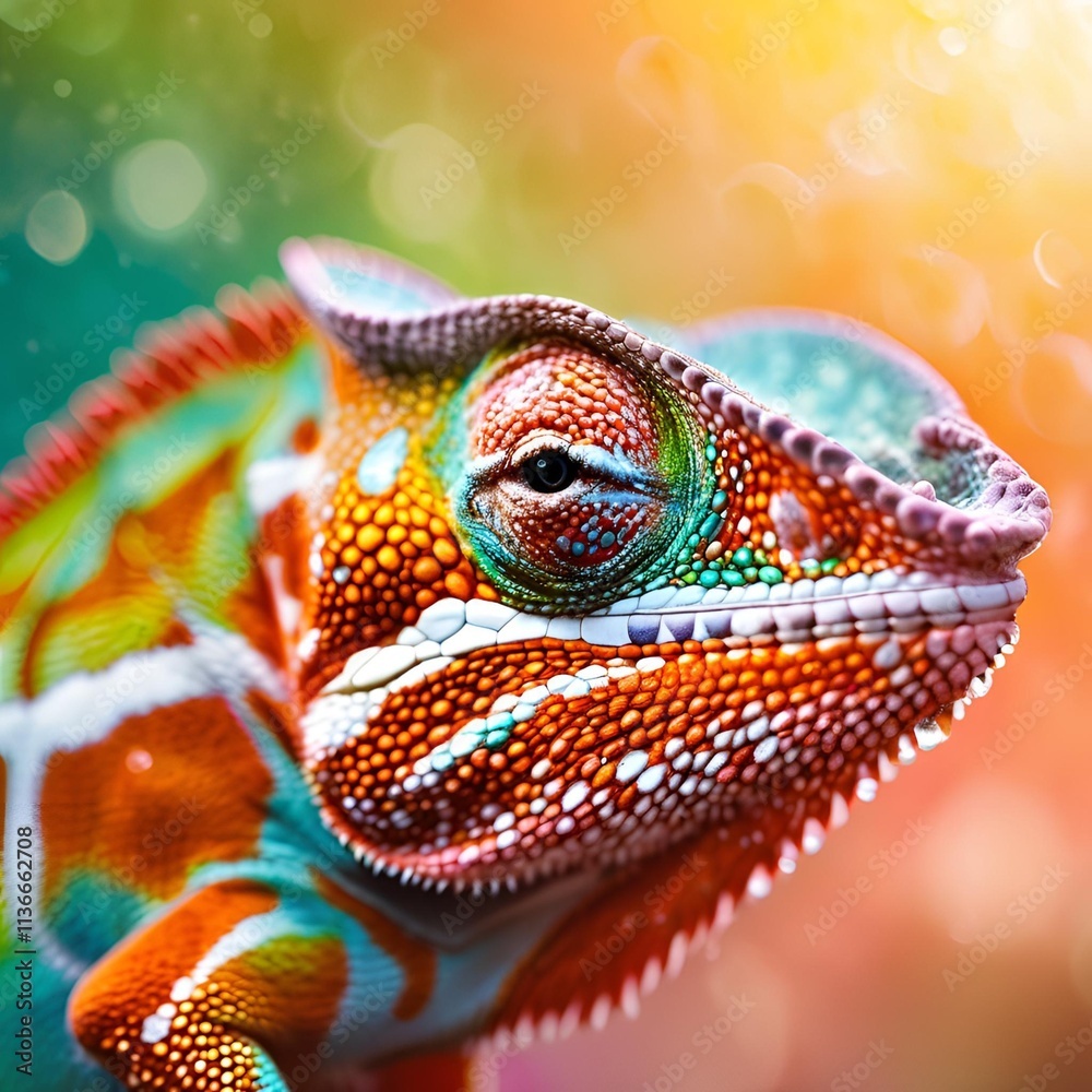 Obraz premium Close-up of a chameleon with water droplets on its scales, set against a gradient tropical sunrise background
