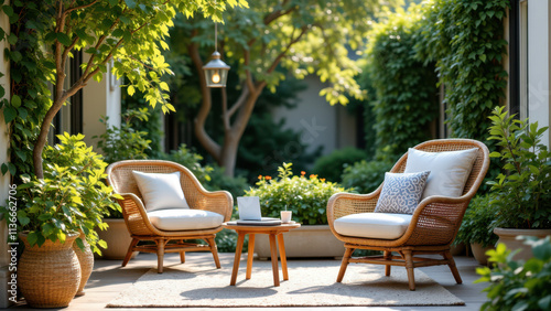 Relaxing outdoor seating area on a patio with wicker chairs and wooden table, perfect for enjoying summer Friday afternoons.