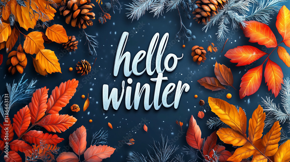 Fototapeta premium Hello Winter text banner with snow design for seasonal and festive winter posters