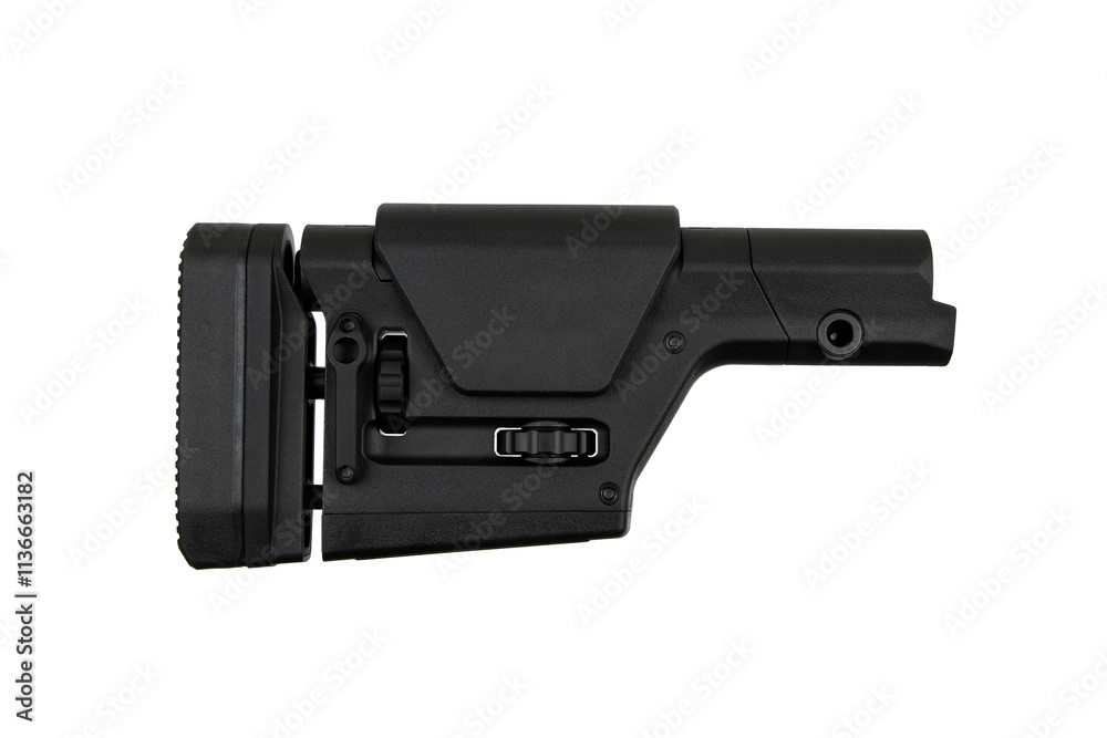 Black adjustable rifle stock with a textured buttpad, adjustment knobs, and a cheek rest, designed for comfort and precision in shooting Black adjustable rifle stock with a textured buttpad, adjustment knobs, and a cheek rest, designed for comfort and precision in shooting