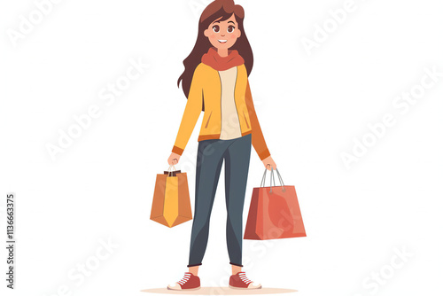 Stylish young woman holding shopping bags, casual outfit fashion pose, isolated character