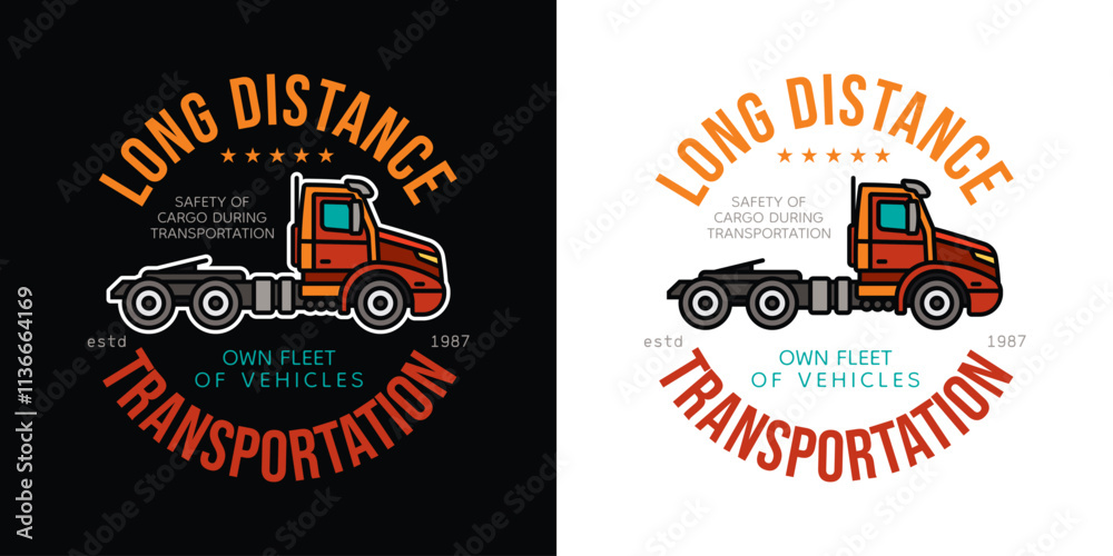 Obraz premium Emblem of cargo transportation. Original vector illustration in vintage style. T-shirt design.