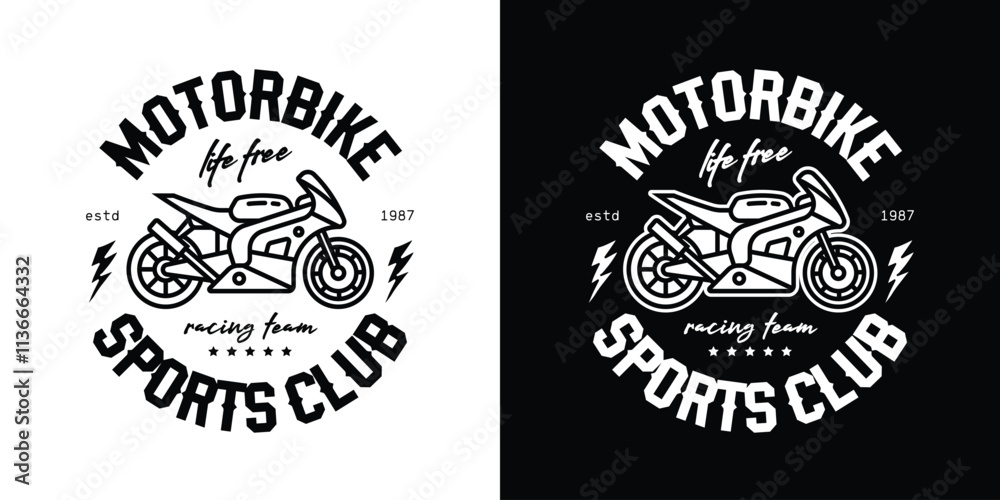 Racing sports motorcycle emblem. Superbike. Original vector illustration in vintage style. T-shirt design. Racing sports motorcycle emblem. Superbike. Original vector illustration in vintage style. T-shirt design.