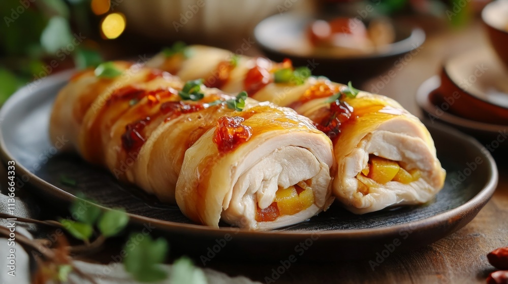 Delicious sliced chicken roll soaked in Chinese wine for lunar new year's dishes. Delicious sliced chicken roll soaked in Chinese wine for lunar new year's dishes.