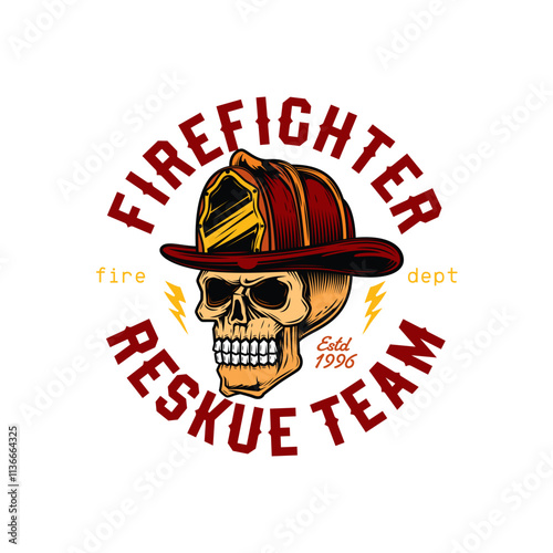 Human skull in a fire helmet. Firefighter. Original vector illustration in vintage style. T-shirt design.